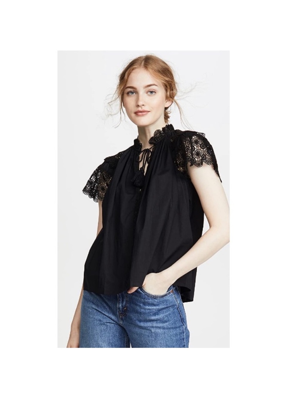 Ulla Johnson Black Crocheted Lace Sleeve Tie-Front Women's Top